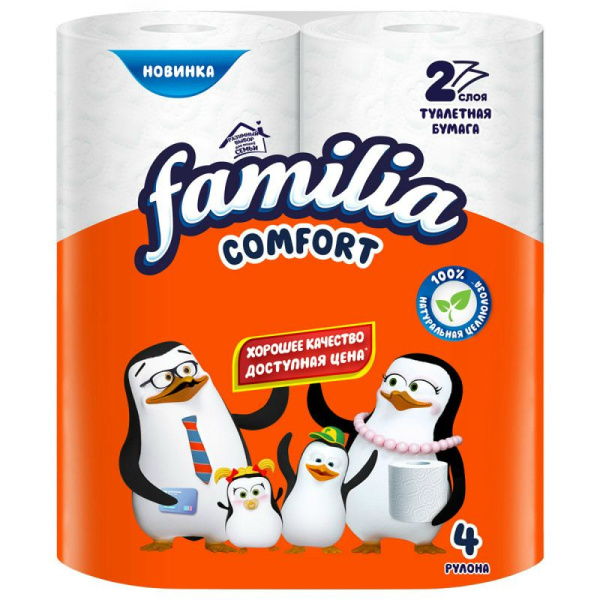 Бумага туалетная в рулоне 2 сл 4 штуки Familia