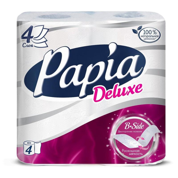 Бумага туалетная в рулоне 4 сл PAPIA 4 штуки (16,8 м/рулон) PAPIA DELUXE     /14